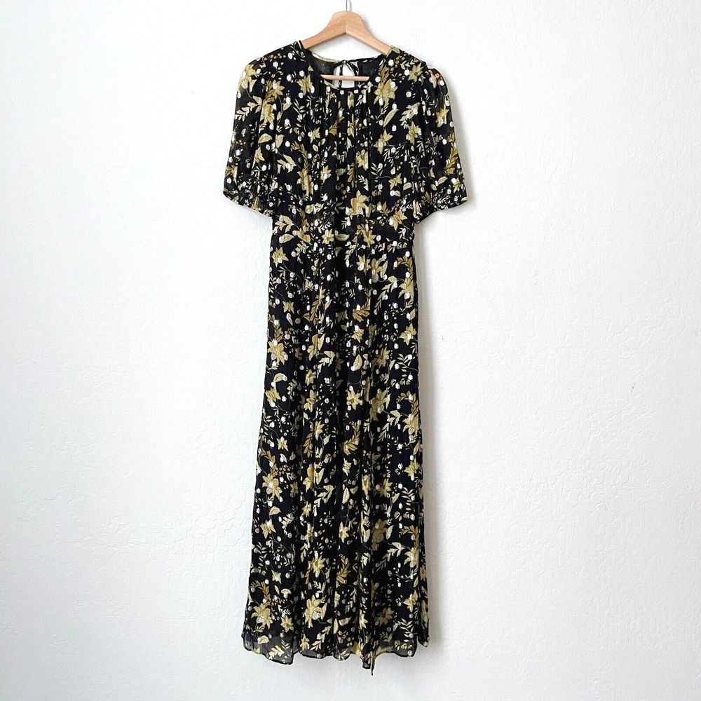 NWT $298 J.Crew Open-Back Metallic Clip-Dot Black Maxi Dress Golden Floral Sz 10 - Picture 2 of 16